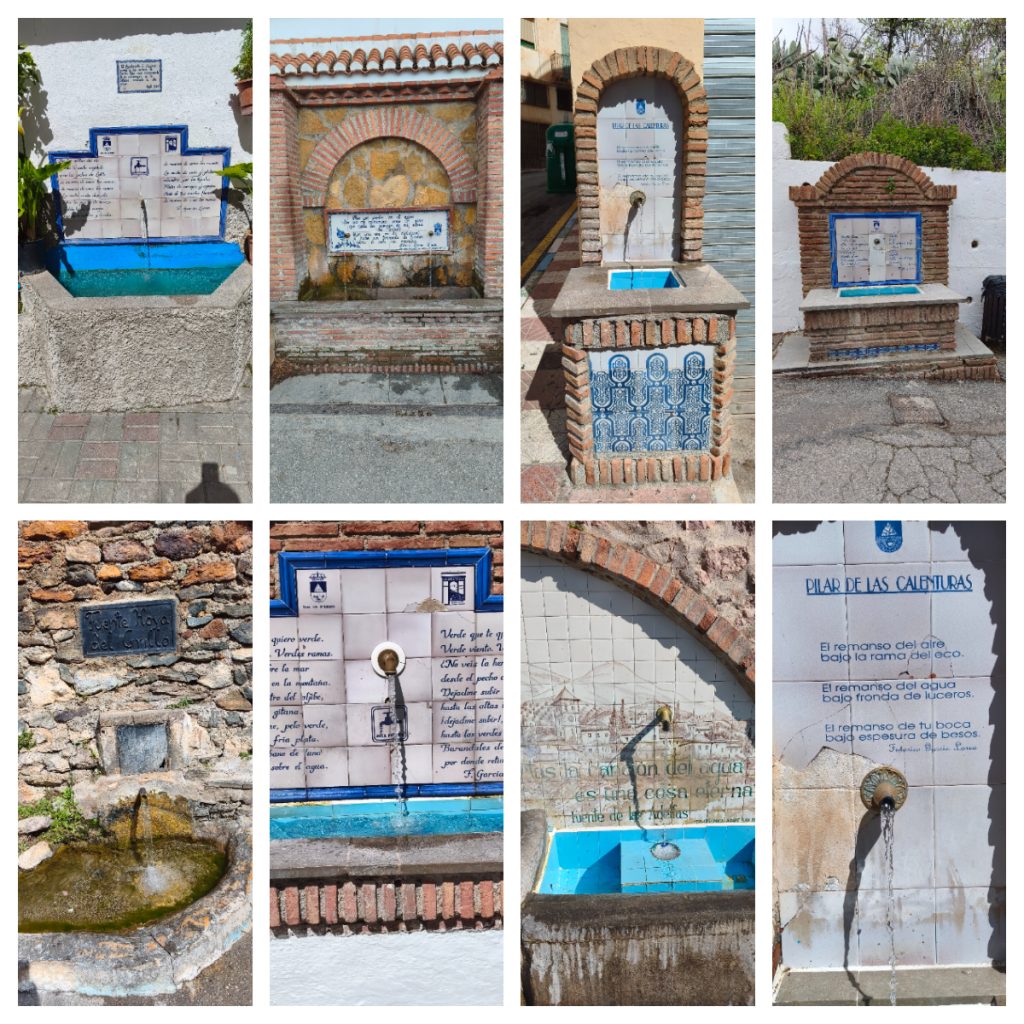 Detalle de los azulejos con versos y poemas en la ruta de los 23 pilares de Lanjarón.