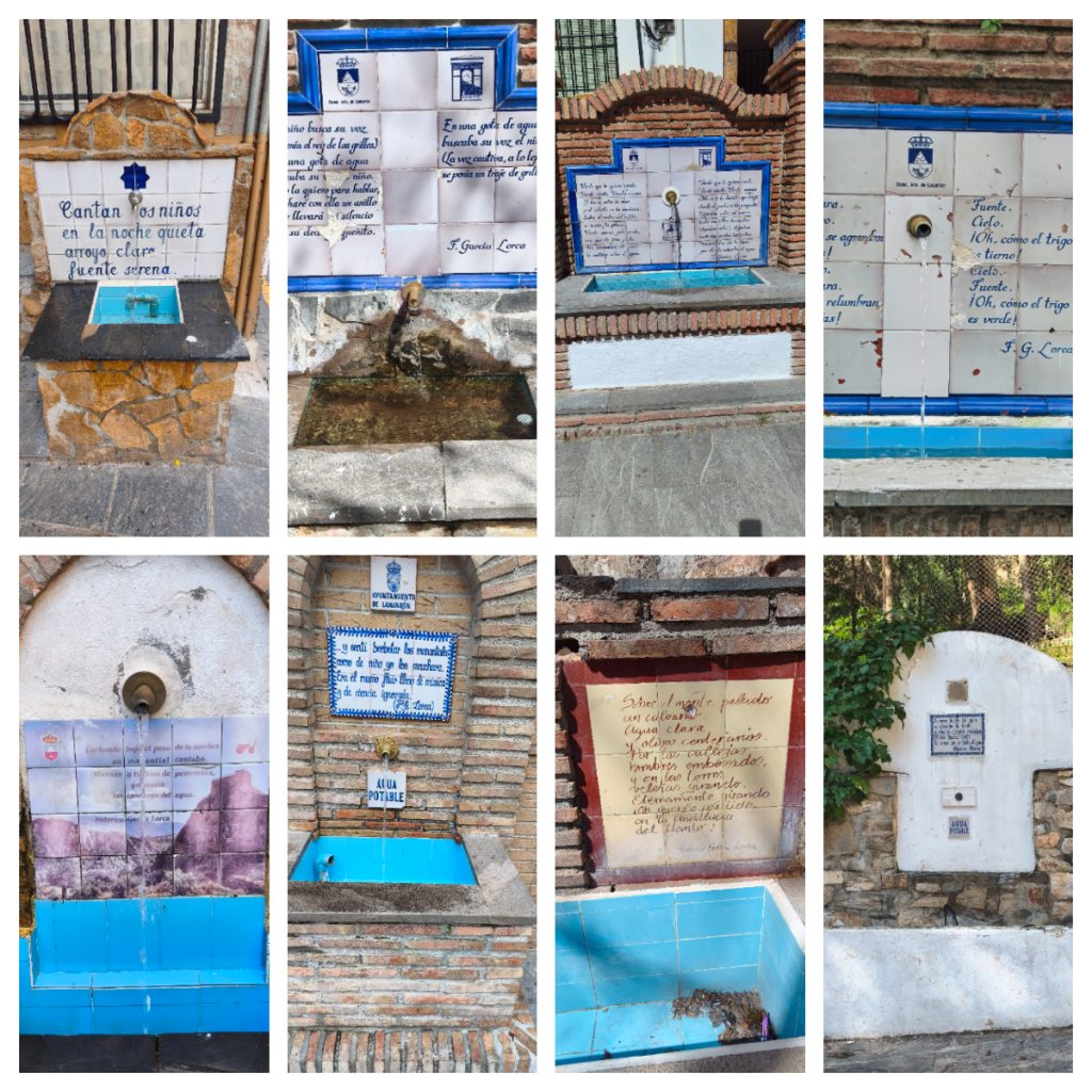 Fotos de los pilares tradicionales rodeados de flores y arquitectura alpujarreña en Lanjarón.