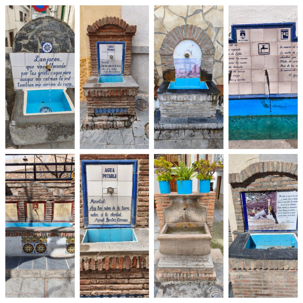 Ruta de los pilares de Lanjarón pilares del 1 al 5 con poemas de Lorca y agua de Sierra Nevada.