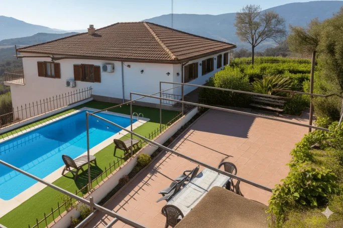 Casa acogedora con piscina, rodeada de montañas al atardecer. Tranquilidad y naturaleza.