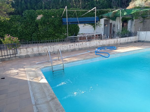 Piscina con escalera, rodeada de vegetación y estructuras de soporte.