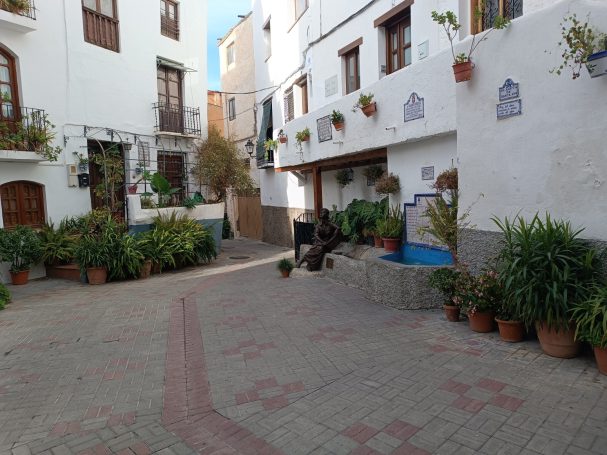Plaza adoquinada con plantas y macetas, rodeada de casas blancas con balcones.
