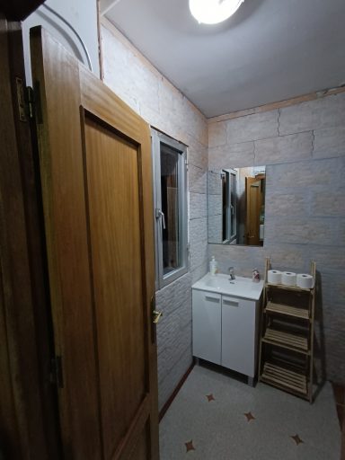Baño pequeño con espejo, lavabo y estantería en una pared. Luz del techo encendida.
