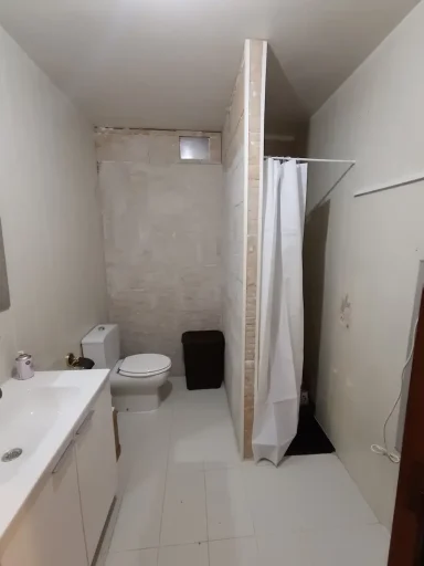 Baño sencillo con ducha, inodoro y lavabo en una pared sin revestir.