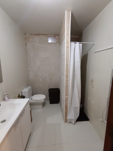 Baño sencillo con ducha, inodoro y lavabo en una pared sin revestir.