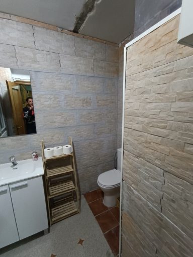 Baño con paredes de piedra, lavabo, estantería y inodoro blanco.