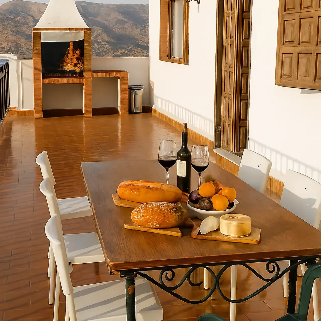 Mesa al aire libre con comida, vino y vistas, junto a una parrilla en un entorno montañoso.