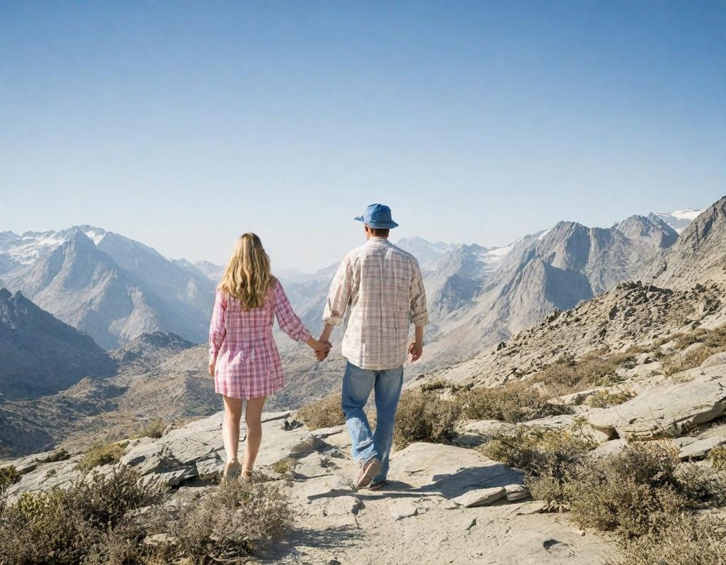 Pareja de pie en una montaña, tomados de la mano, con un paisaje montañoso al fondo.